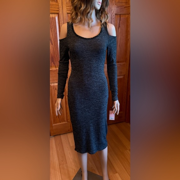 NWT JUICY COUTURE Sweater Dress Heather Gray Black Rhinestones Cold Shoulder XS - Picture 1 of 14